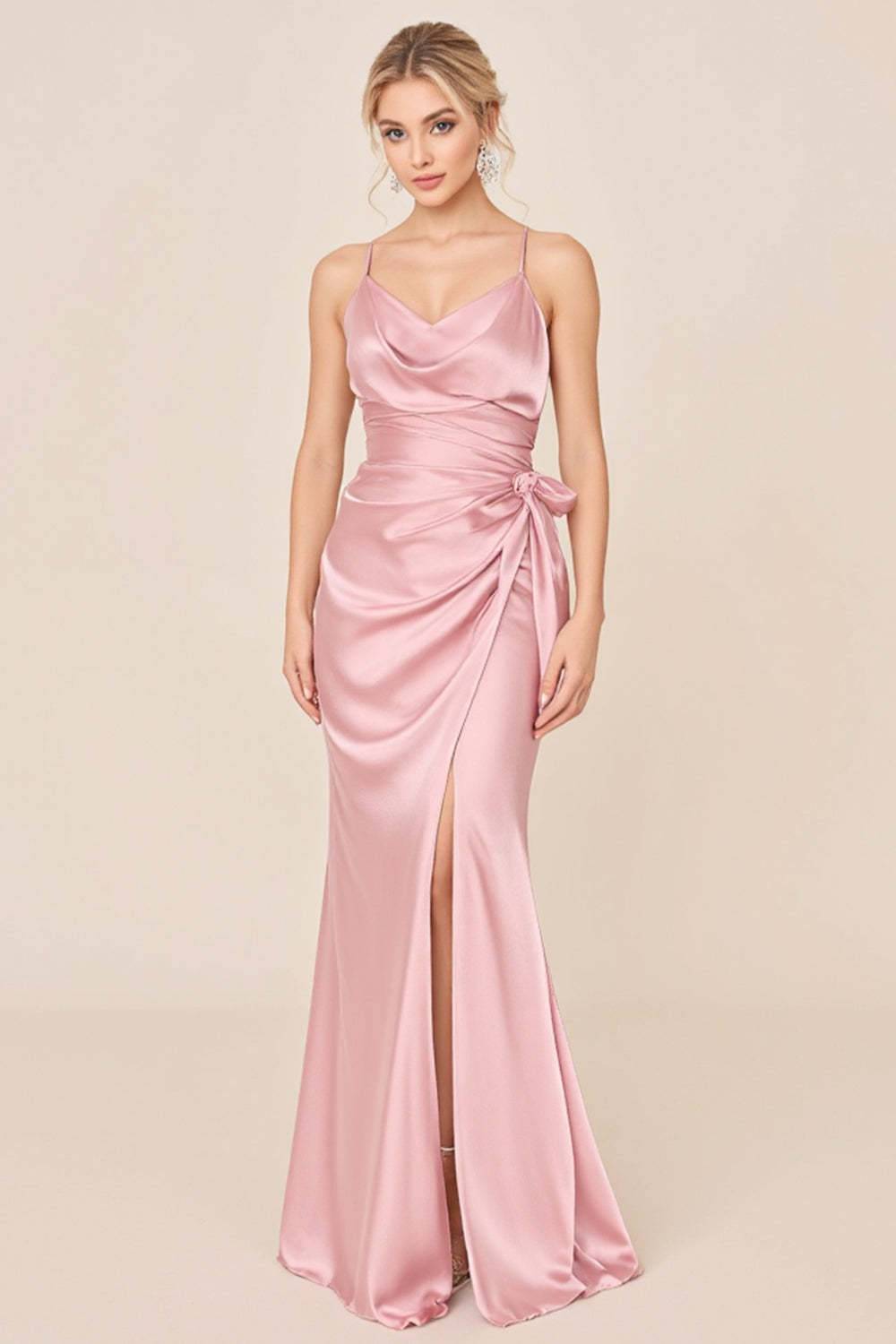Leely Women Blush Pink Sheath Satin Maxi Bridesmaid Dress with Slit Spaghetti Straps V-Neck Backless Wedding Guest Dress
