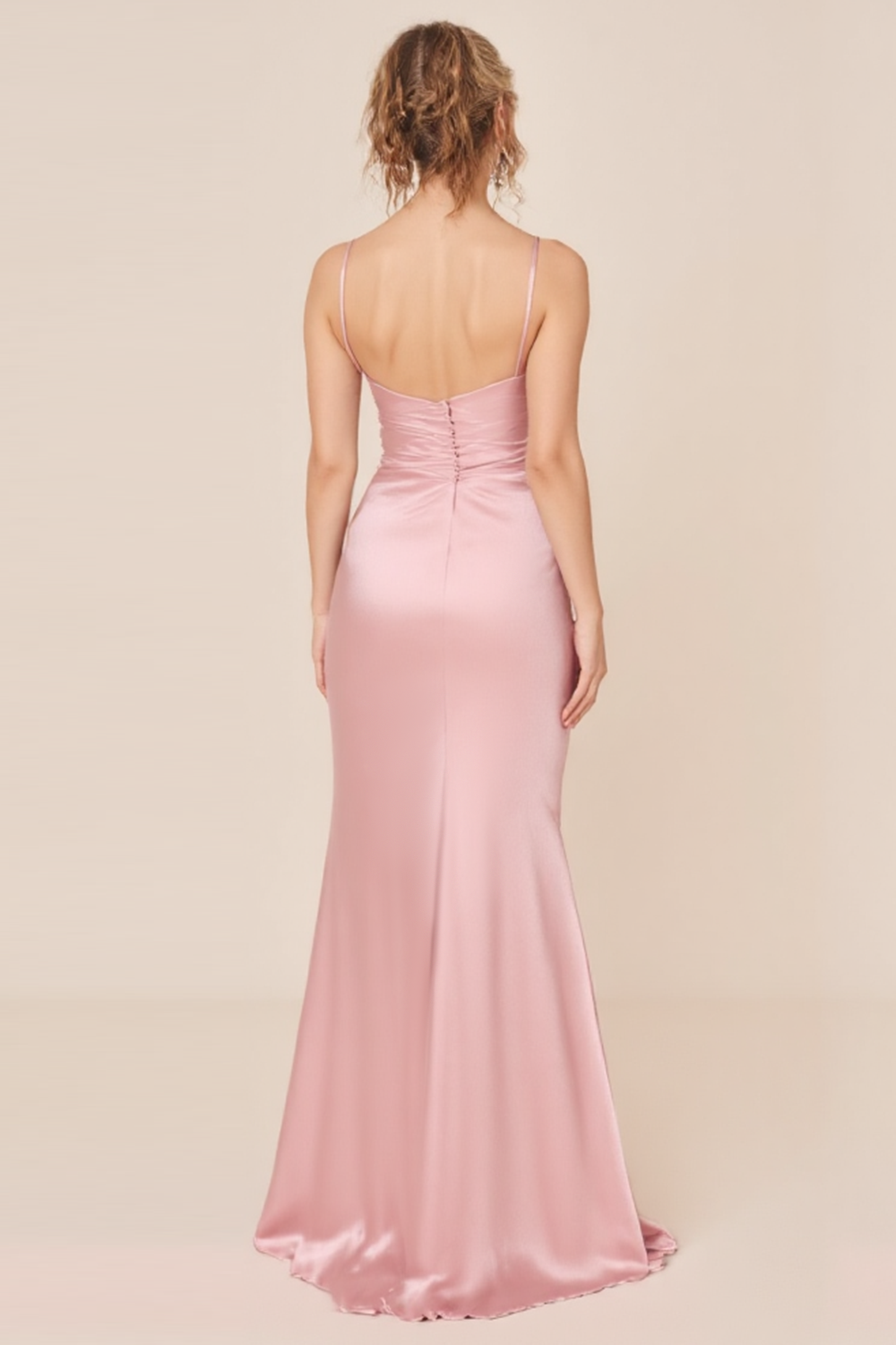 Blush Pink Sheath Satin Cowl Neck Maxi Bridesmaid Dress with Slit