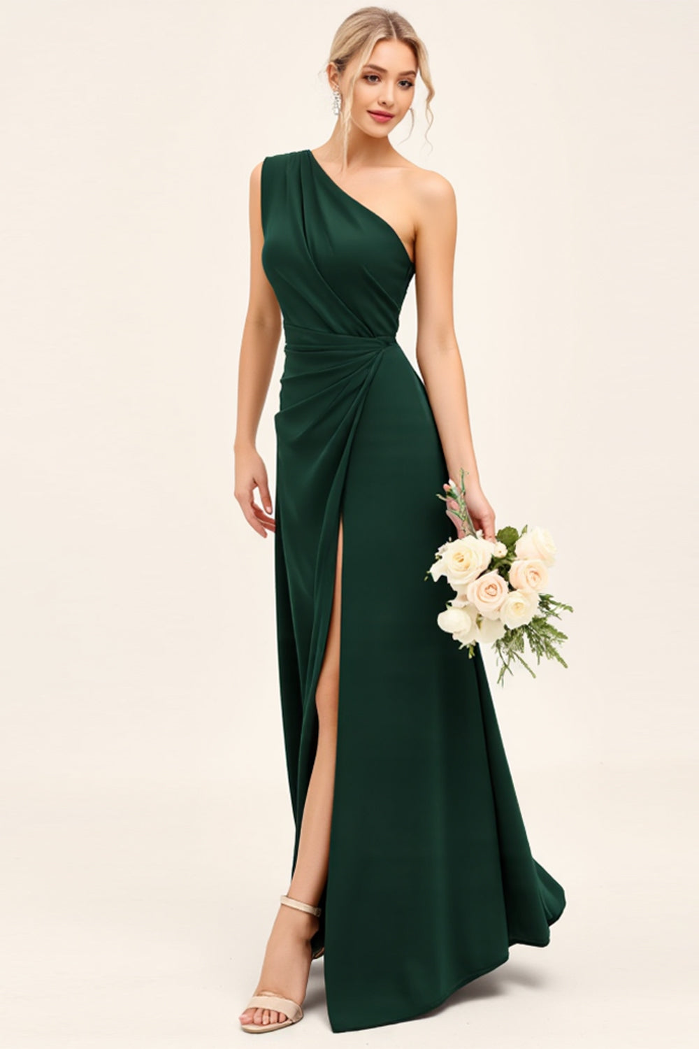Pine Satin Ruched One Shoulder Maxi Bridesmaid Dress with Slit
