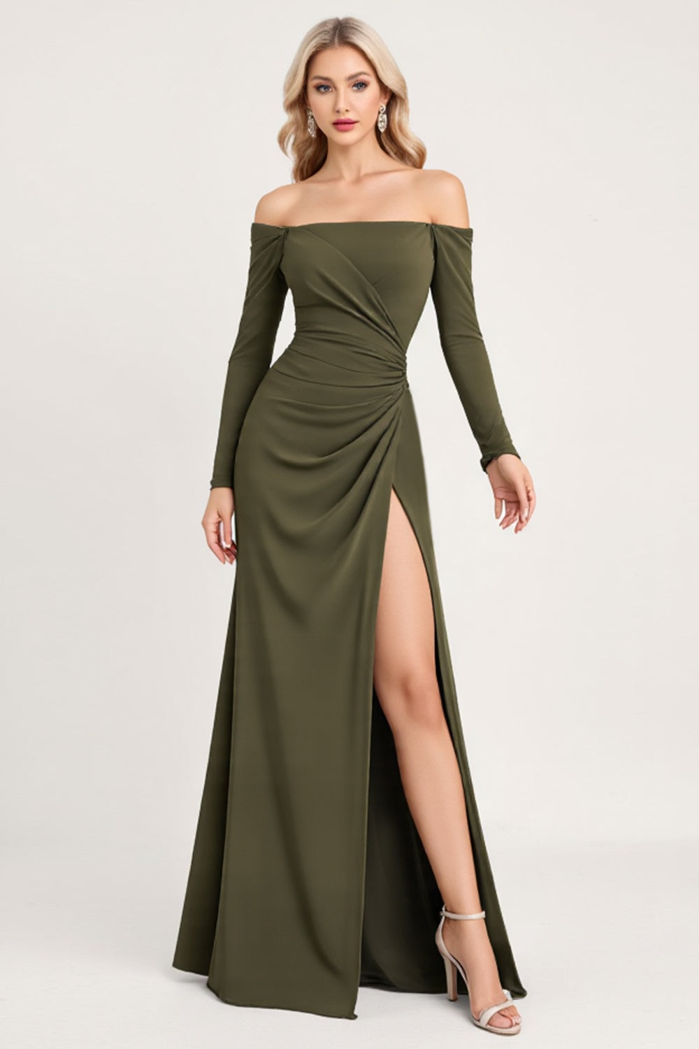 Olive Off the Shoulder Sheath Satin Long Sleeves Bridesmaid Dress with Slit
