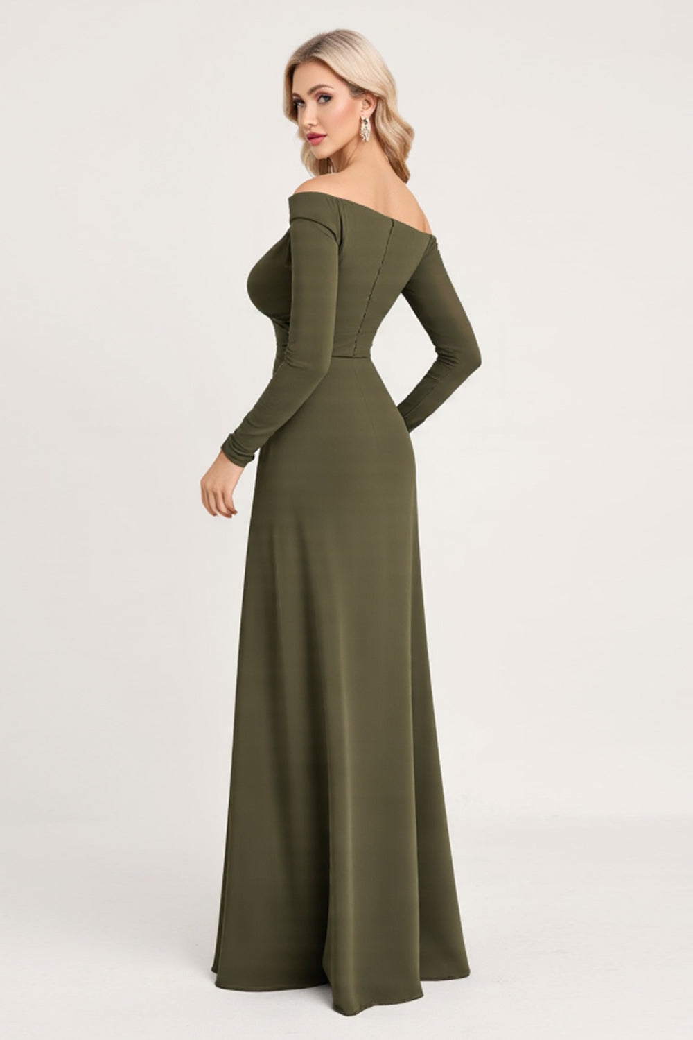 Olive Off the Shoulder Sheath Satin Long Sleeves Bridesmaid Dress with Slit