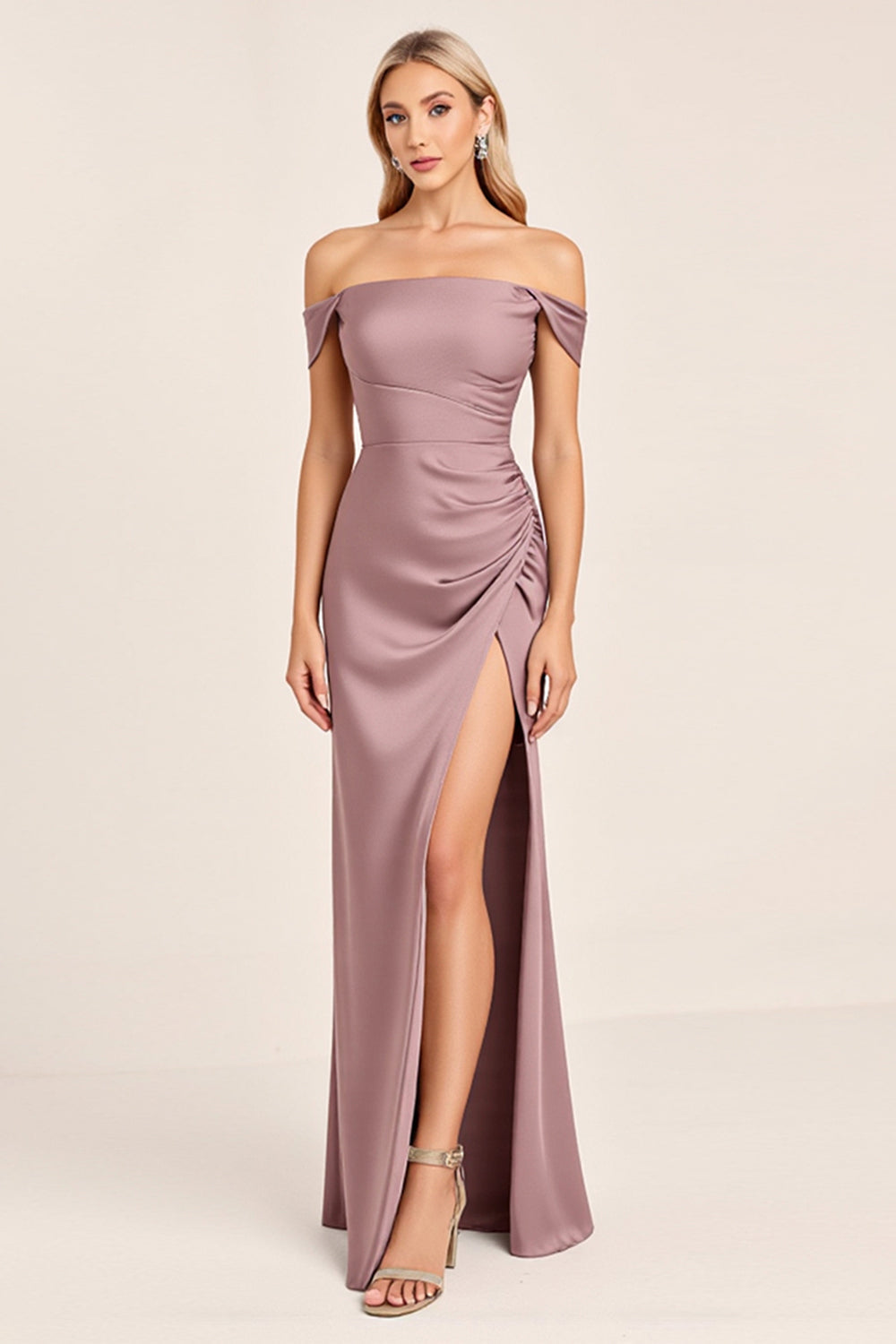 Satin Off the Shoulder Vintage Mauve Long Bridesmaid Dress with Slit