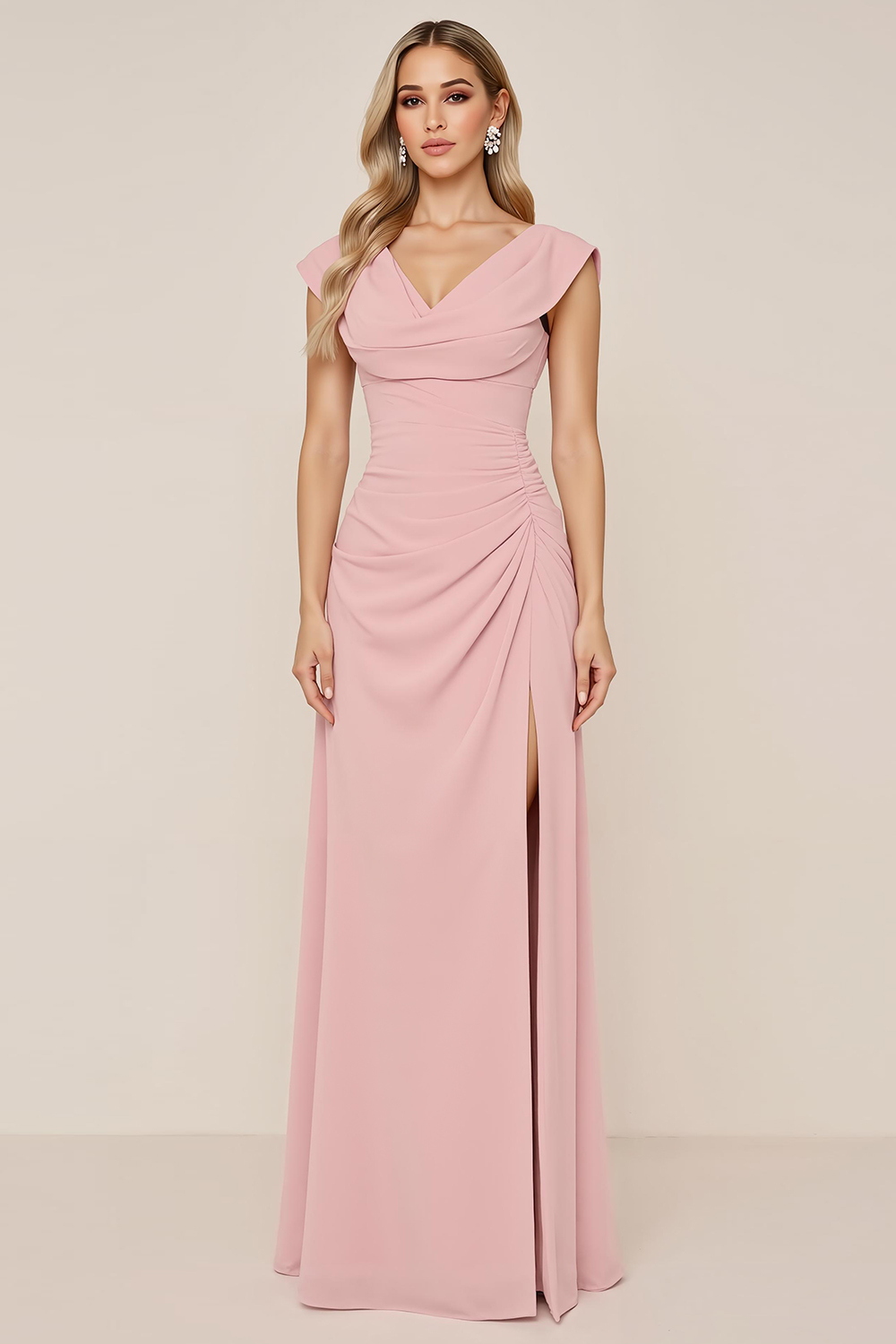 Candy Pink Sheath V-Neck Ruched Long Bridesmaid Dress with Slit
