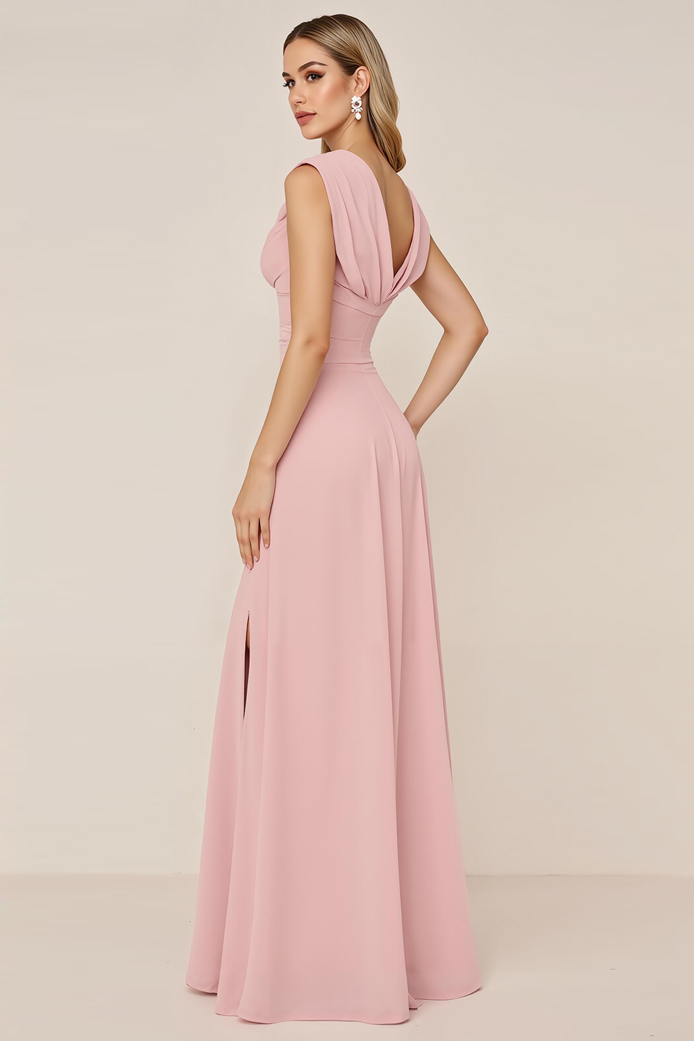 Candy Pink Sheath V-Neck Ruched Long Bridesmaid Dress with Slit