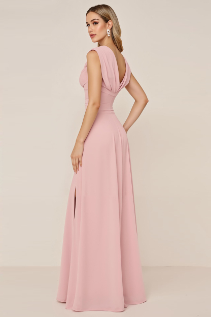 Candy Pink Sheath V-Neck Ruched Long Bridesmaid Dress with Slit