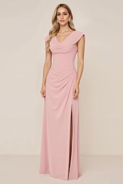 Candy Pink Sheath V-Neck Ruched Long Bridesmaid Dress with Slit