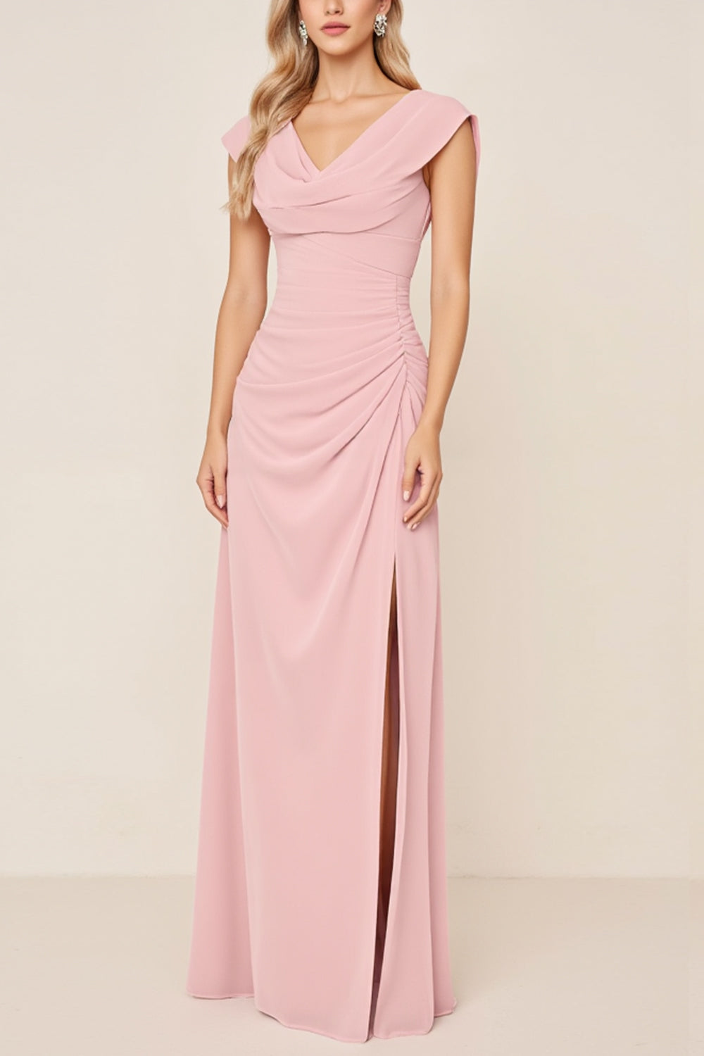 Candy Pink Sheath V-Neck Ruched Long Bridesmaid Dress with Slit
