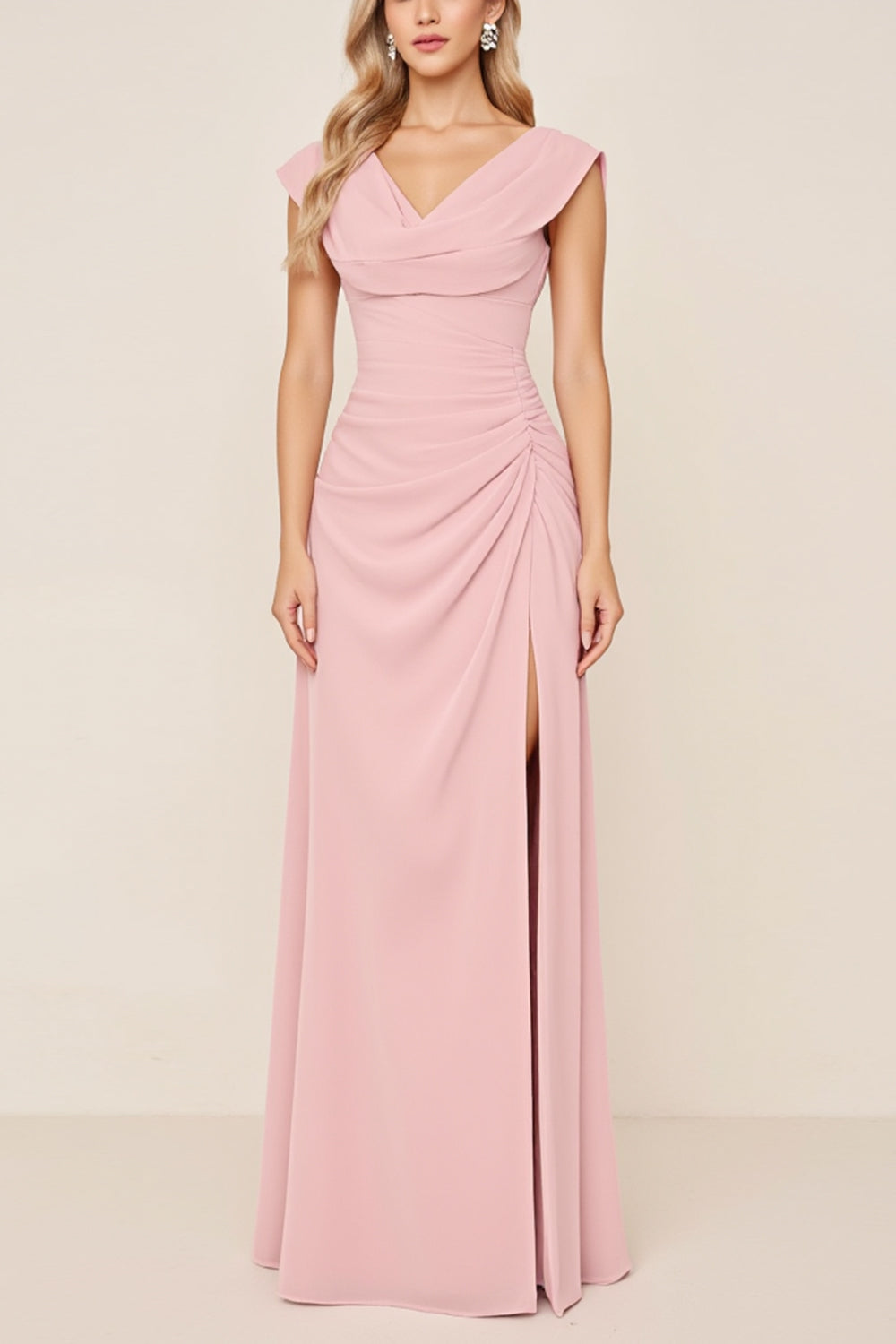 Candy Pink Sheath V-Neck Ruched Long Bridesmaid Dress with Slit
