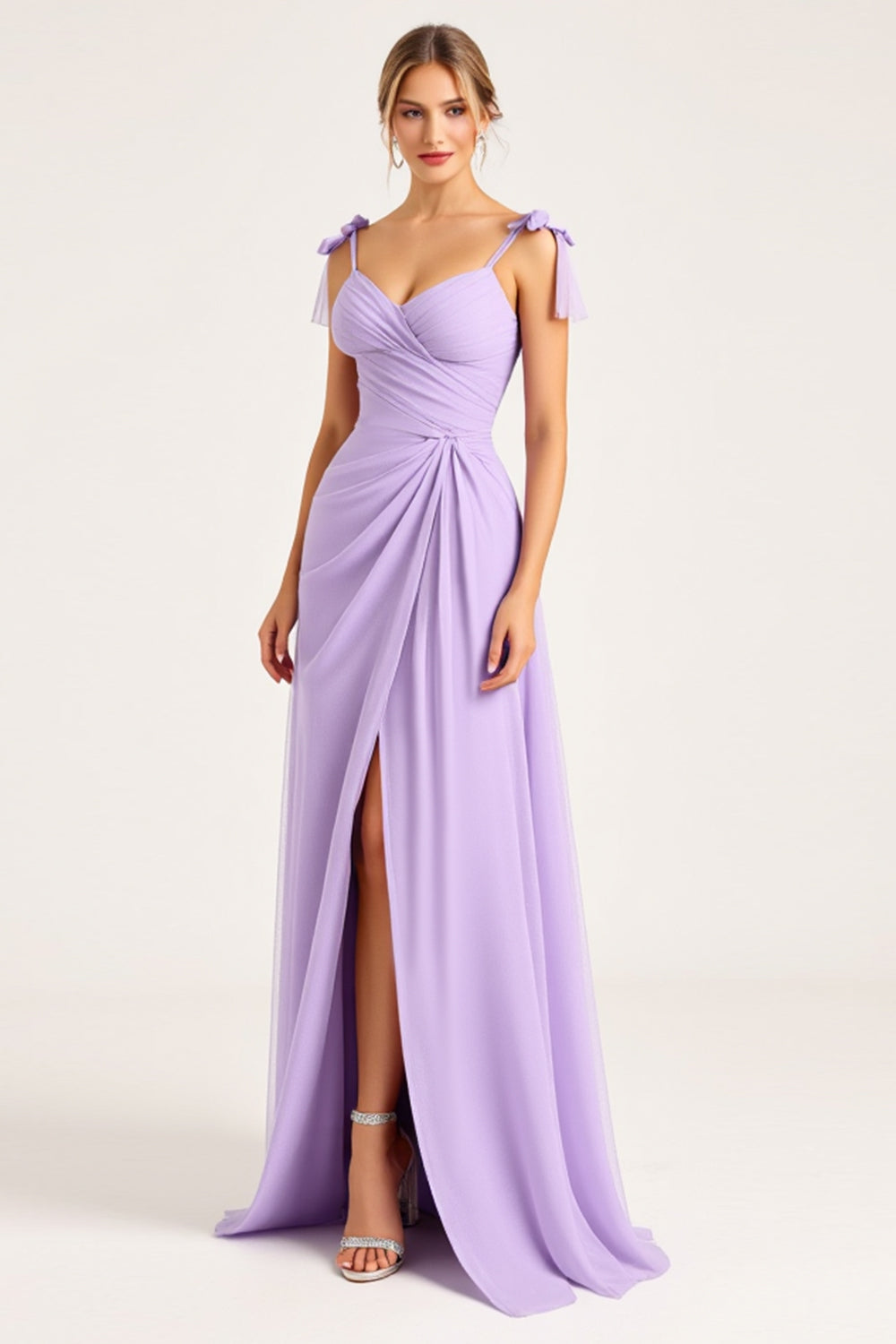 Leely Women Lilac Maxi Bridesmaid Dress with Slit Spaghetti Straps Sleeveless Long Wedding Guest Dress