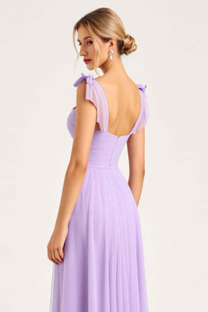 Lilac A Line Maxi Spaghetti Straps Bridesmaid Dress with Slit
