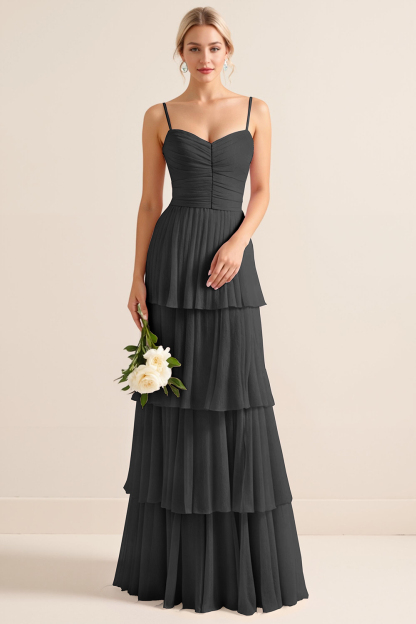 Candy Pink Spaghetti Straps A Line Tiered Maxi Bridesmaid Dress