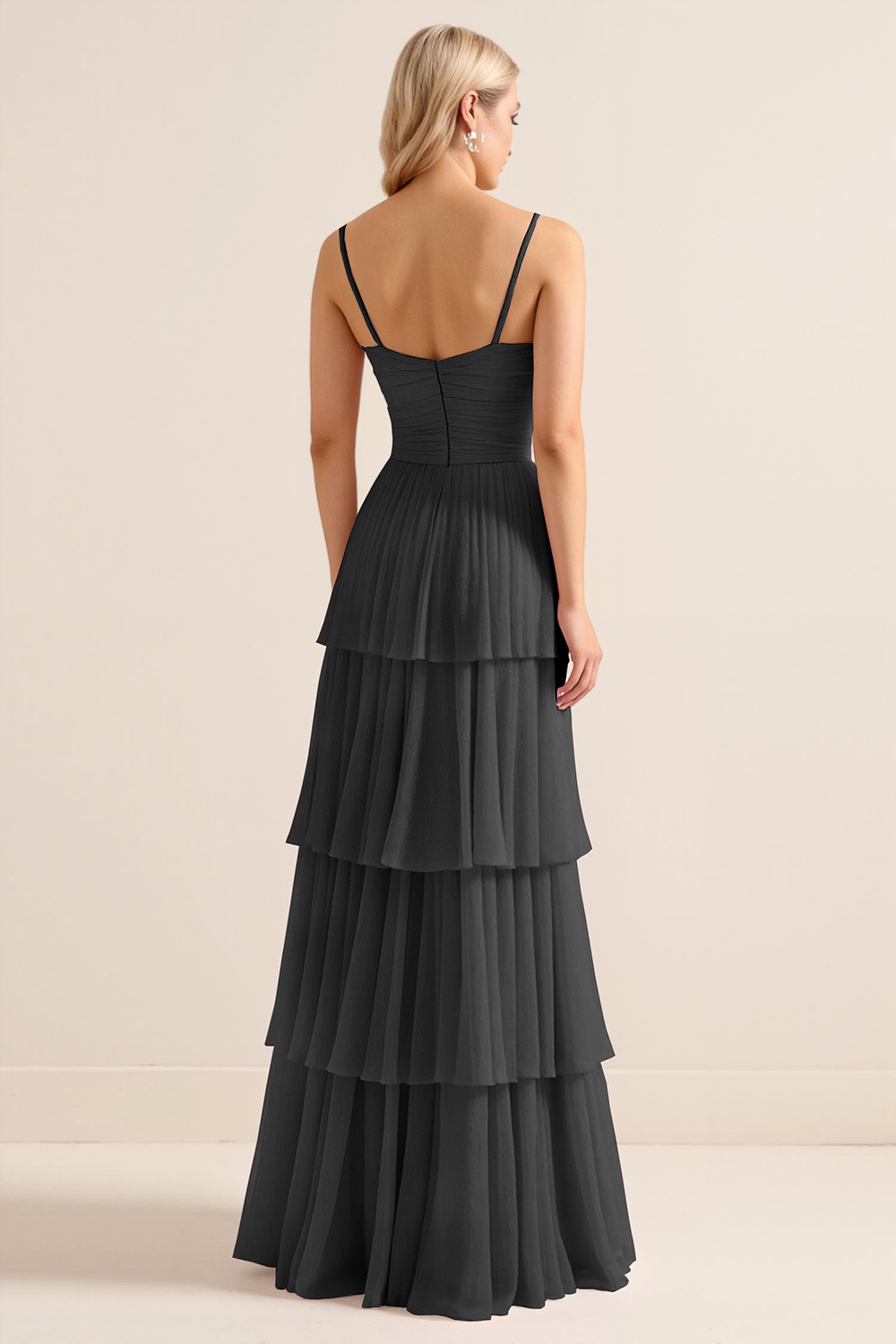 Candy Pink Spaghetti Straps A Line Tiered Maxi Bridesmaid Dress