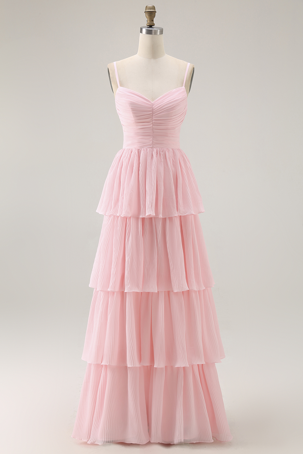 Candy Pink Spaghetti Straps A Line Tiered Maxi Bridesmaid Dress
