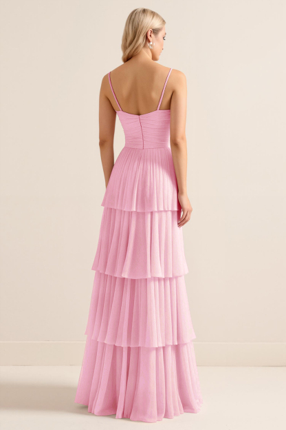 Candy Pink Spaghetti Straps A Line Tiered Maxi Bridesmaid Dress