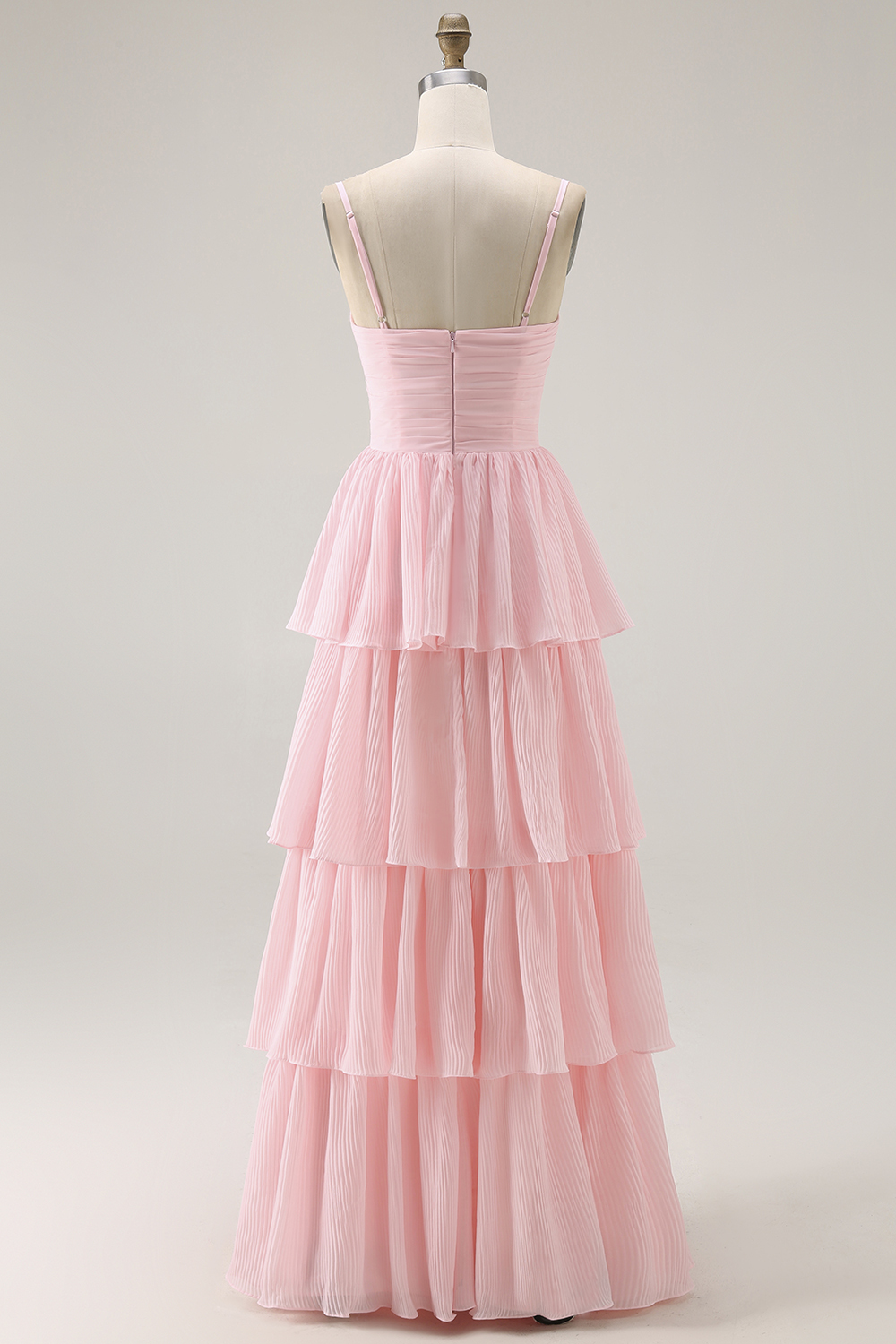 Candy Pink Spaghetti Straps A Line Tiered Maxi Bridesmaid Dress