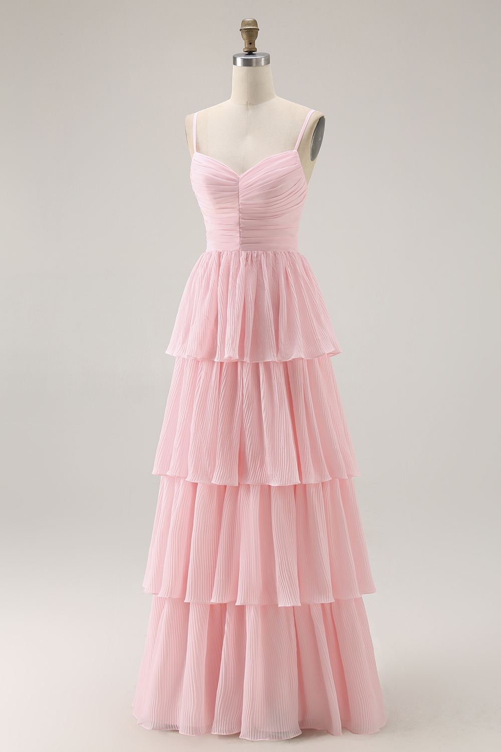 Candy Pink Chiffon Tiered Spaghetti Straps A Line Maxi Bridesmaid Dress