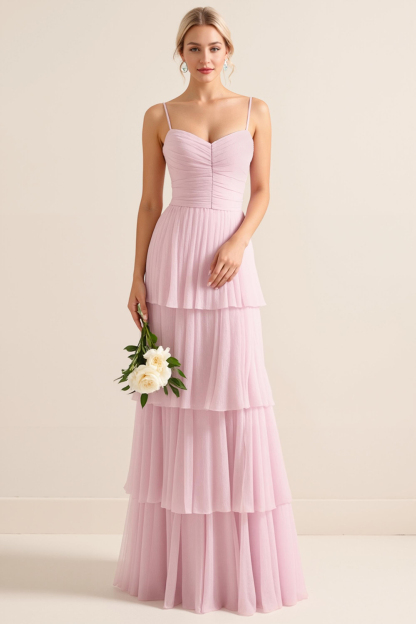Candy Pink Spaghetti Straps A Line Tiered Maxi Bridesmaid Dress