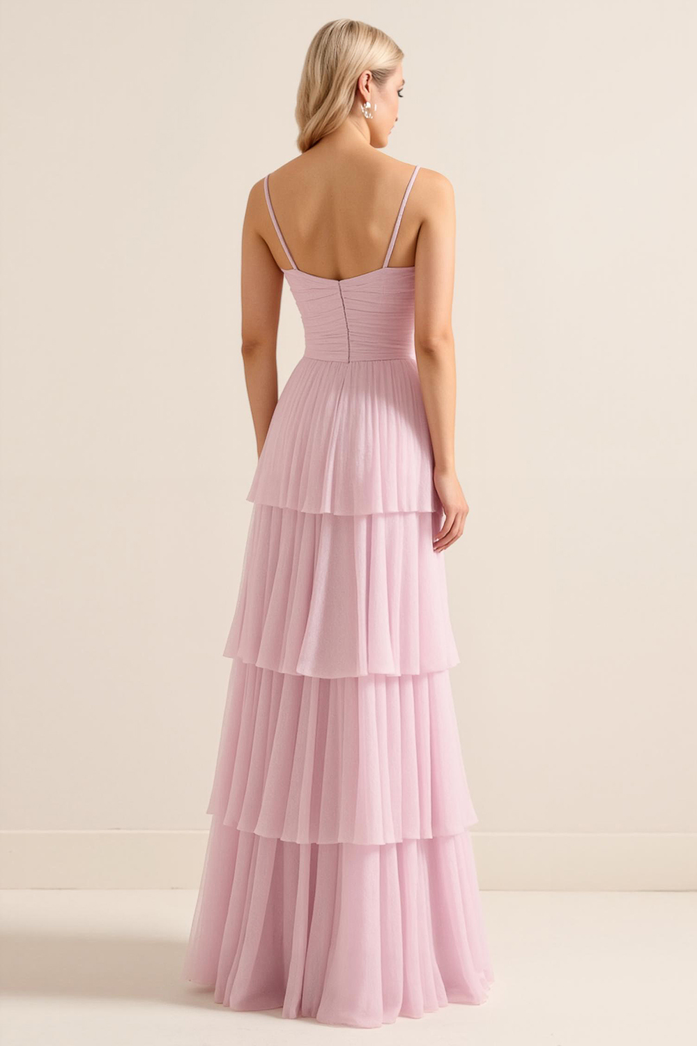 Candy Pink Spaghetti Straps A Line Tiered Maxi Bridesmaid Dress
