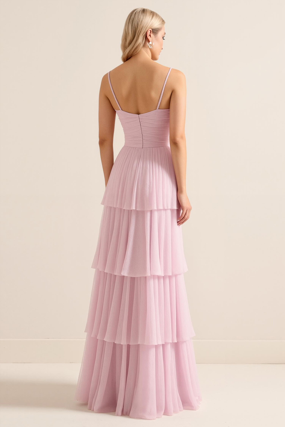 Candy Pink Spaghetti Straps A Line Tiered Maxi Bridesmaid Dress