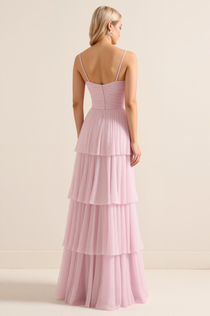 Candy Pink Spaghetti Straps A Line Tiered Maxi Bridesmaid Dress