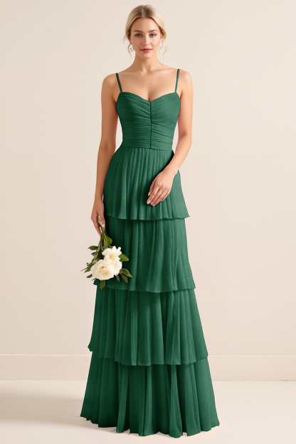 Candy Pink Spaghetti Straps A Line Tiered Maxi Bridesmaid Dress