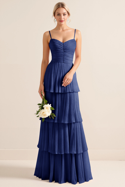Candy Pink Spaghetti Straps A Line Tiered Maxi Bridesmaid Dress
