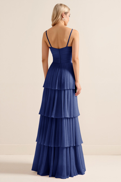 Candy Pink Spaghetti Straps A Line Tiered Maxi Bridesmaid Dress