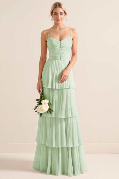 Candy Pink Spaghetti Straps A Line Tiered Maxi Bridesmaid Dress