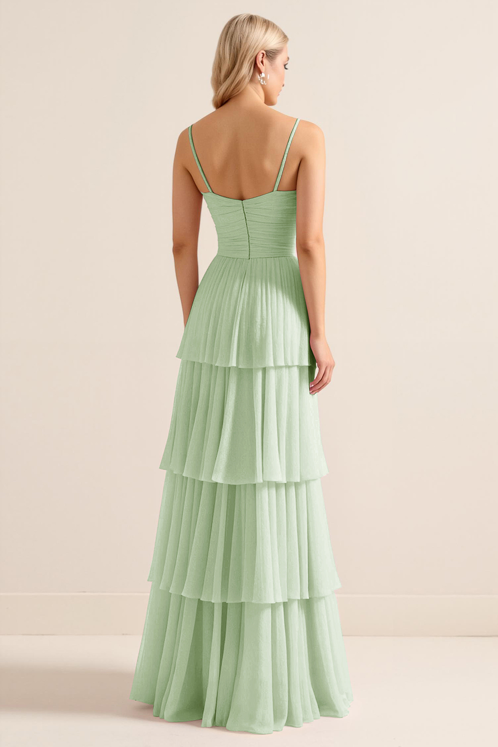 Candy Pink Spaghetti Straps A Line Tiered Maxi Bridesmaid Dress