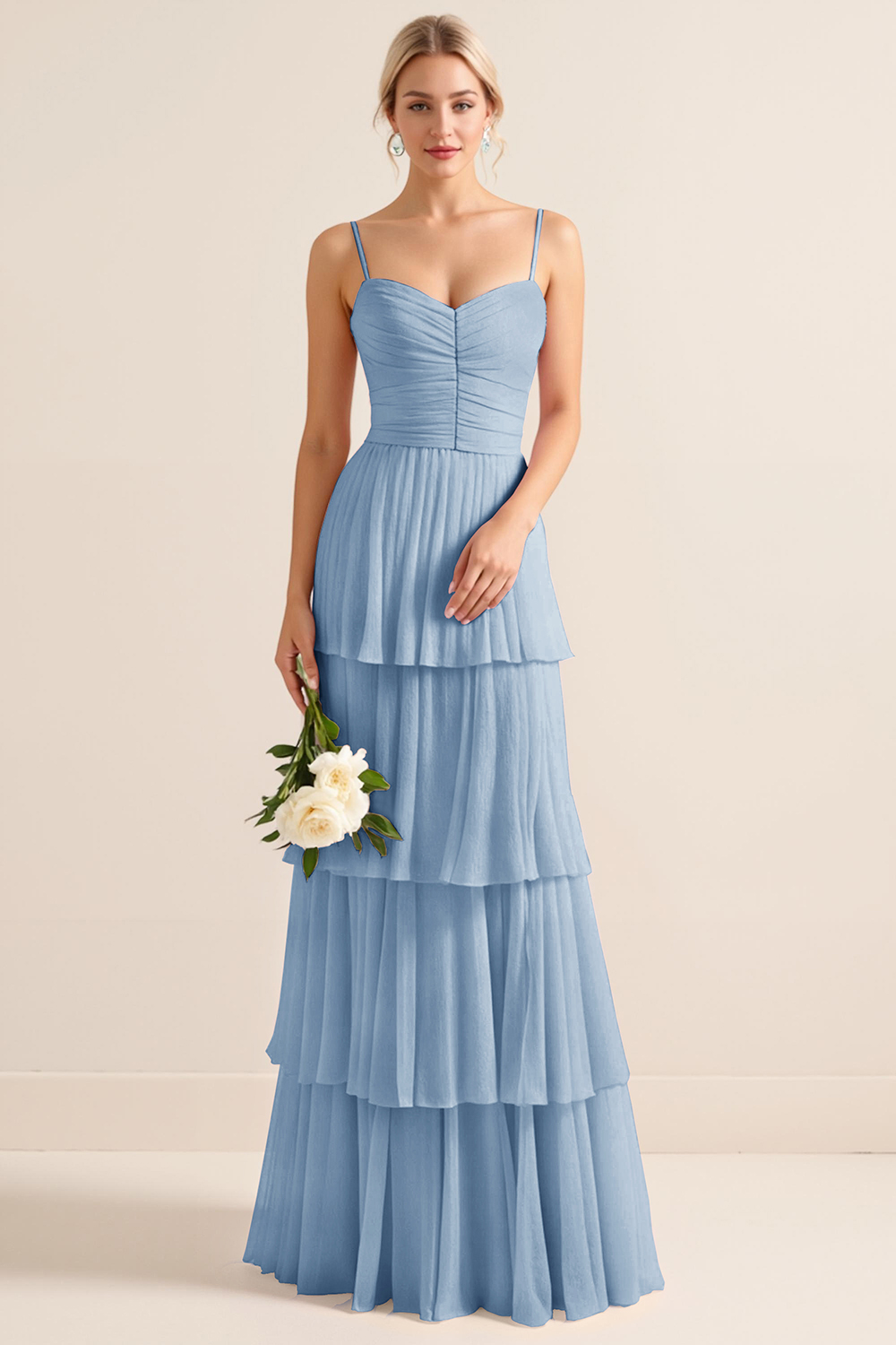 Candy Pink Spaghetti Straps A Line Tiered Maxi Bridesmaid Dress