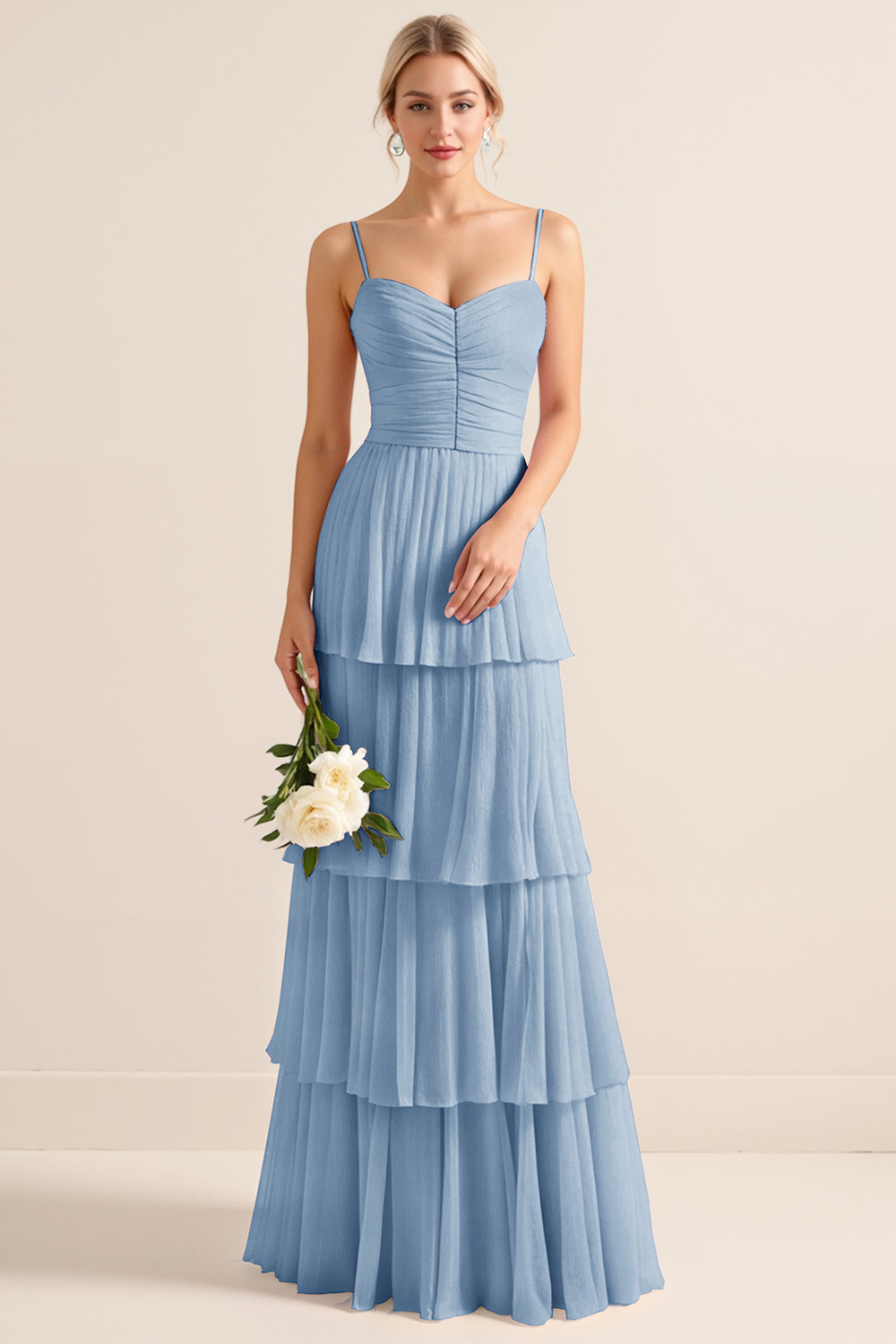 Candy Pink Spaghetti Straps A Line Tiered Maxi Bridesmaid Dress