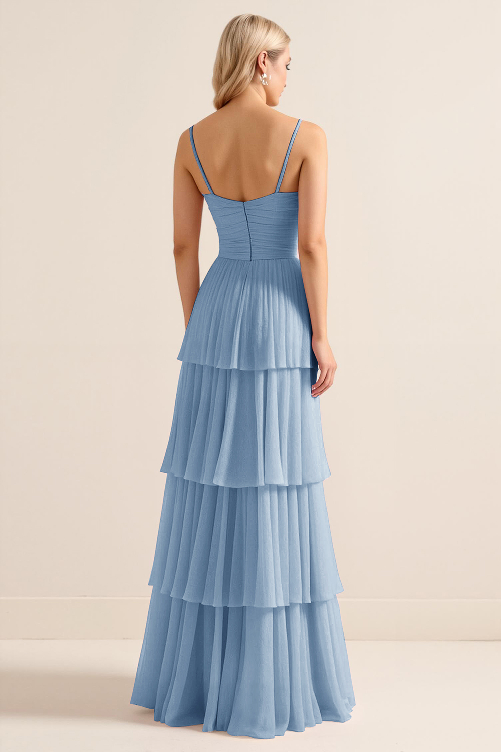 Candy Pink Spaghetti Straps A Line Tiered Maxi Bridesmaid Dress