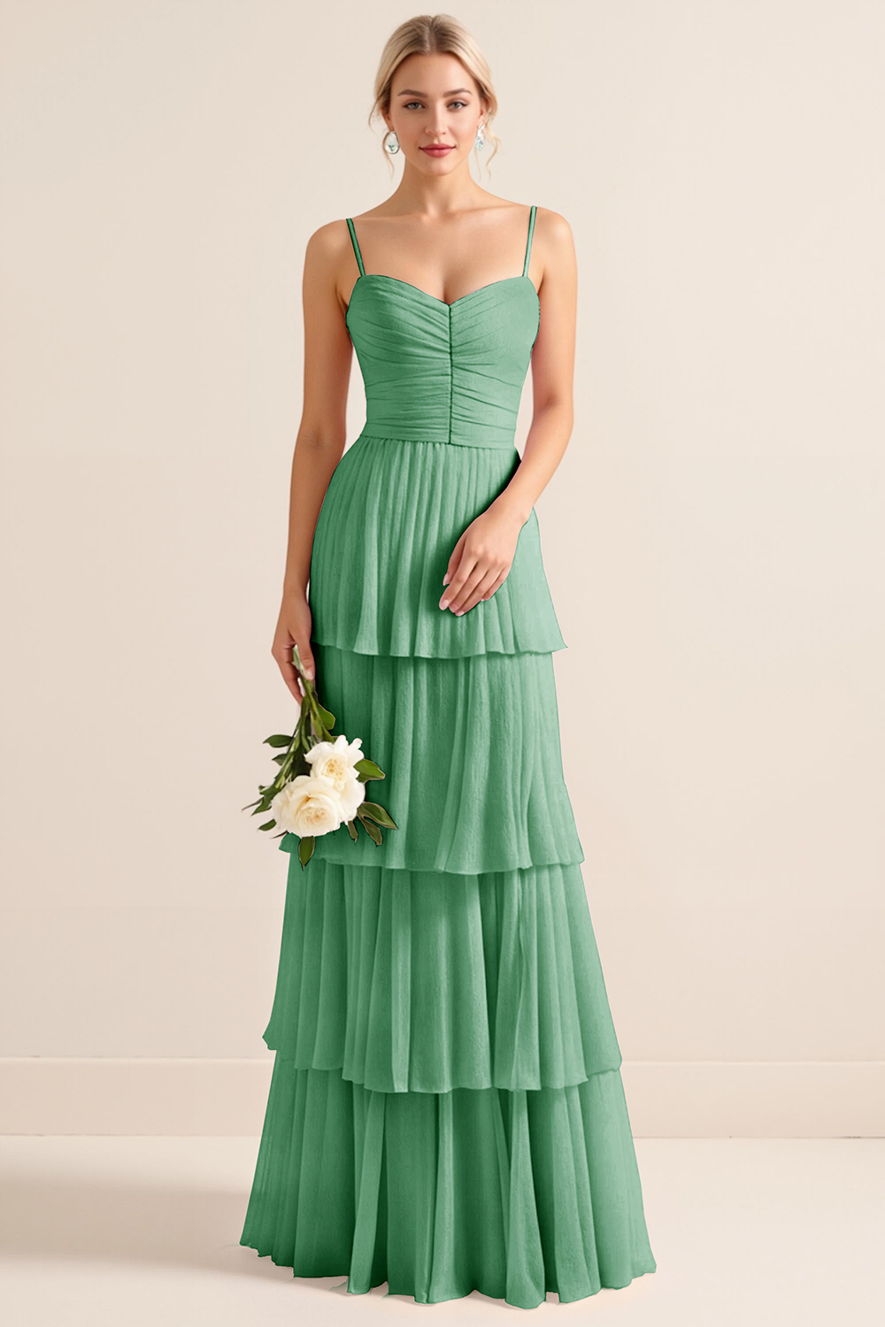 Candy Pink Spaghetti Straps A Line Tiered Maxi Bridesmaid Dress