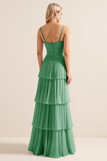 Candy Pink Spaghetti Straps A Line Tiered Maxi Bridesmaid Dress