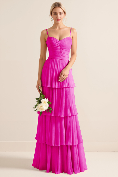 Candy Pink Spaghetti Straps A Line Tiered Maxi Bridesmaid Dress