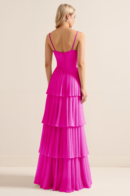 Candy Pink Spaghetti Straps A Line Tiered Maxi Bridesmaid Dress
