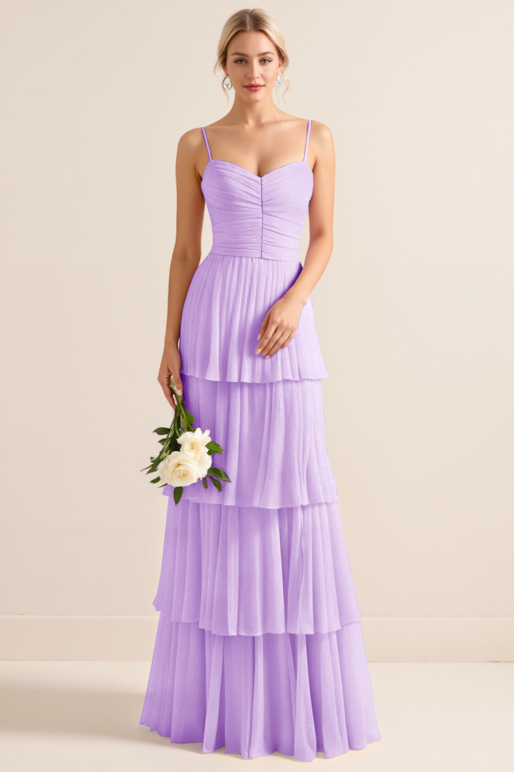 Candy Pink Spaghetti Straps A Line Tiered Maxi Bridesmaid Dress