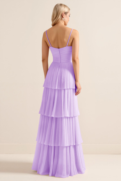 Candy Pink Spaghetti Straps A Line Tiered Maxi Bridesmaid Dress