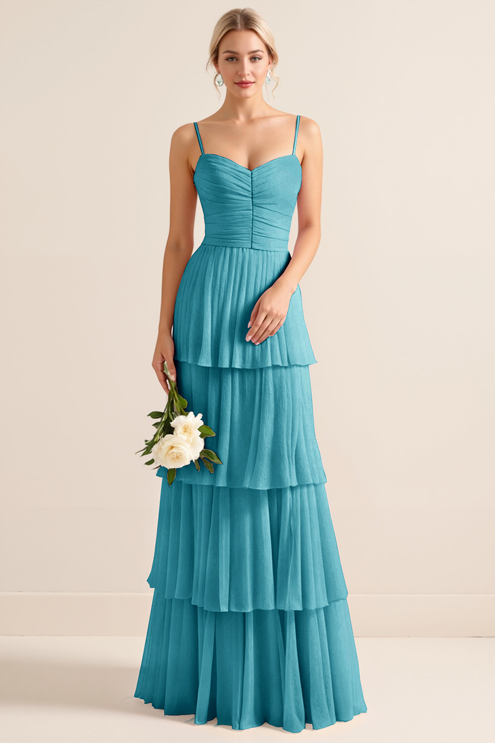 Candy Pink Spaghetti Straps A Line Tiered Maxi Bridesmaid Dress