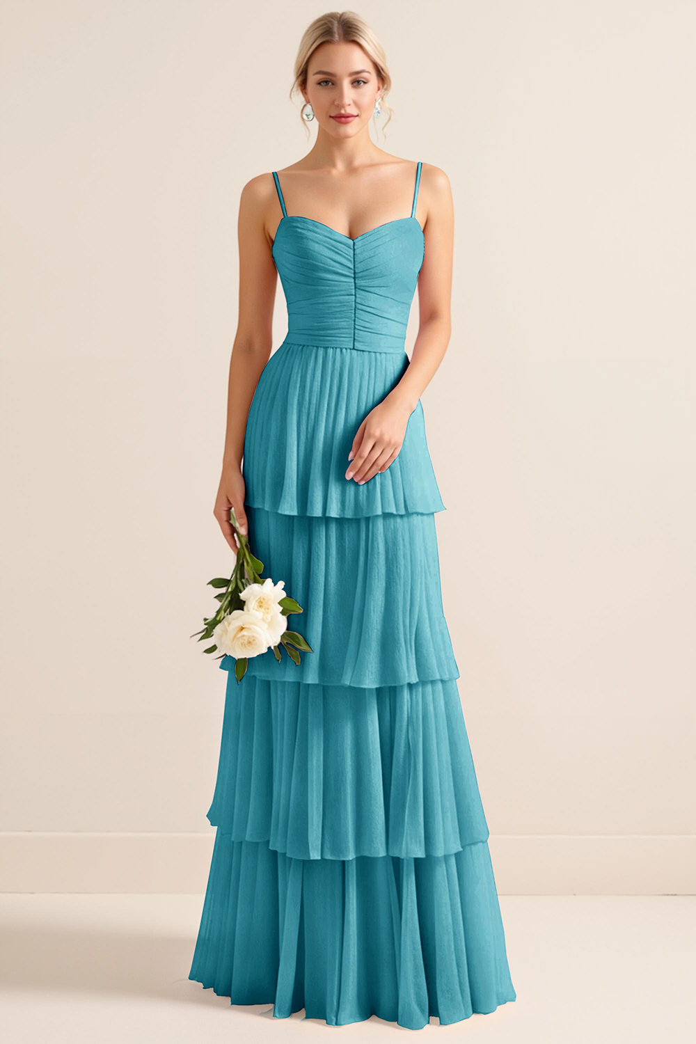 Candy Pink Spaghetti Straps A Line Tiered Maxi Bridesmaid Dress