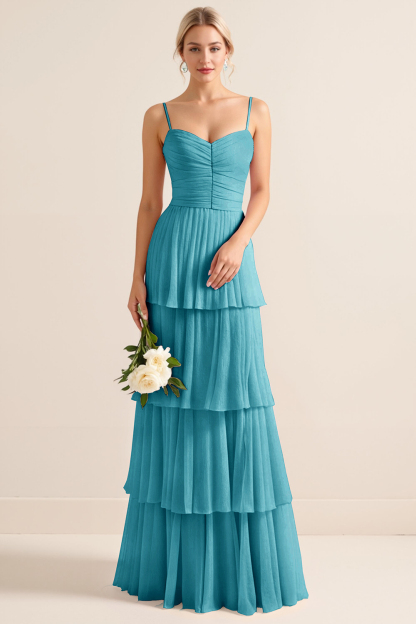 Candy Pink Spaghetti Straps A Line Tiered Maxi Bridesmaid Dress