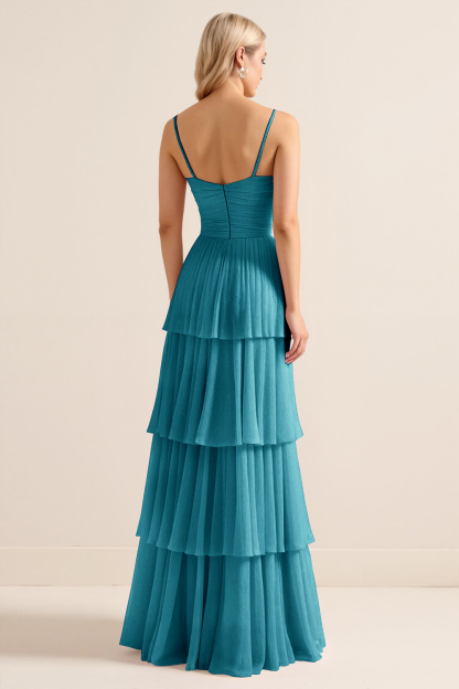 Candy Pink Spaghetti Straps A Line Tiered Maxi Bridesmaid Dress