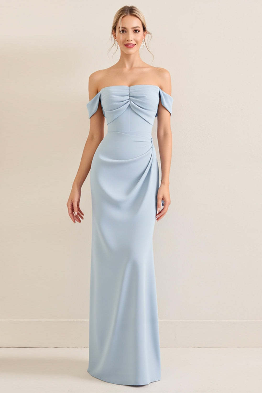 Leely Women Sky Blue Sheath Maxi Bridesmaid Dress Off the Shoulder Sleeveless Long Wedding Guest Dress