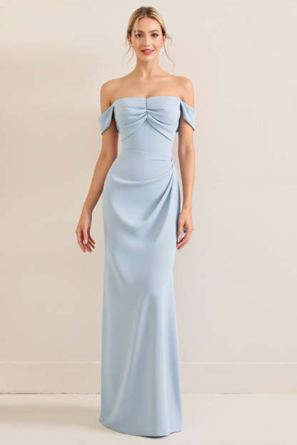 Leely Women Sky Blue Sheath Maxi Bridesmaid Dress Off the Shoulder Sleeveless Long Wedding Guest Dress