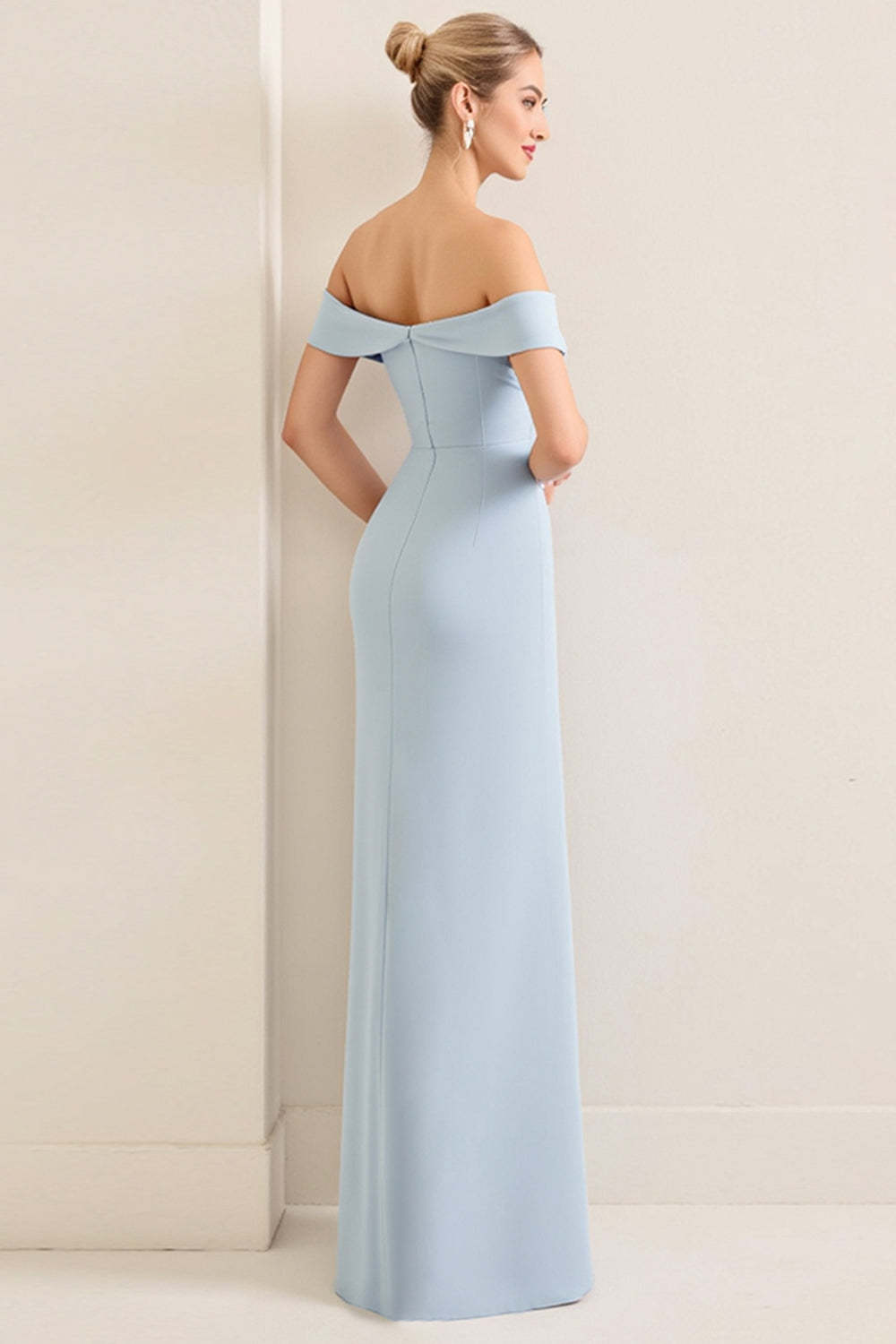 Simple Sky Blue Satin Off the Shoulder Sheath Maxi Bridesmaid Dress