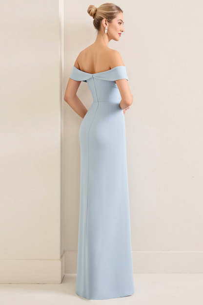 Simple Sky Blue Satin Off the Shoulder Sheath Maxi Bridesmaid Dress