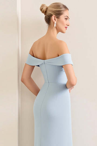 Simple Sky Blue Satin Off the Shoulder Sheath Maxi Bridesmaid Dress