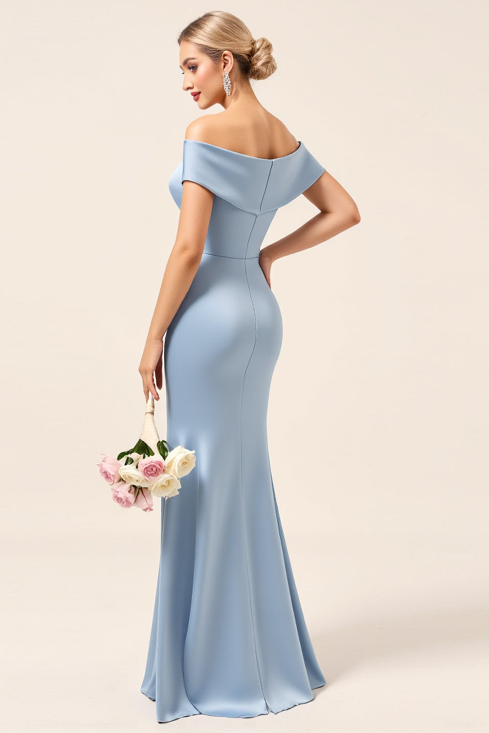 Sky Blue Satin Off the Shoulder Mermaid Maxi Bridesmaid Dress with Slit