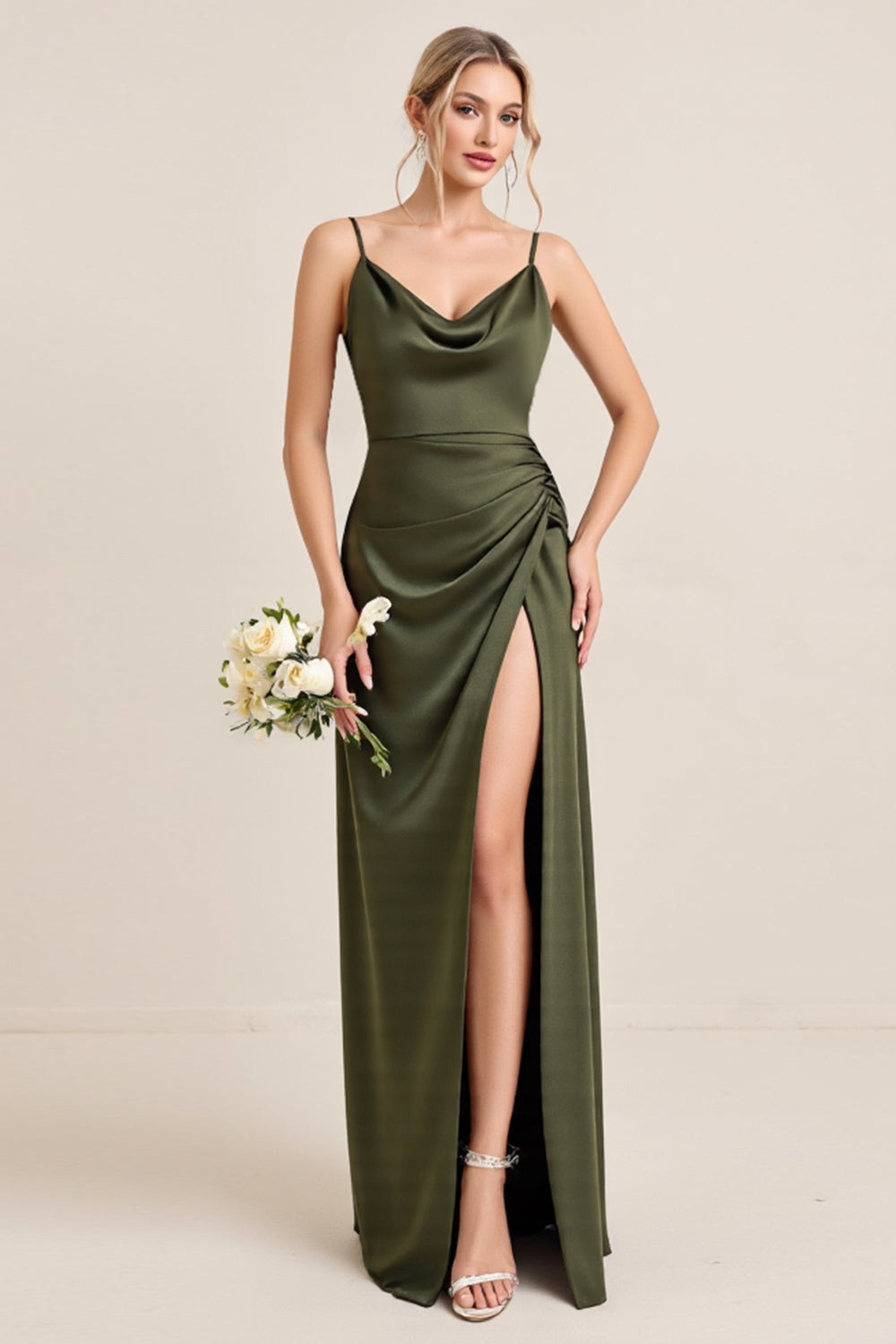 Leely Women Olive Satin Maxi Bridesmaid Dress with Slit Sheath Spaghetti Sleeveless Long Wedding Guest Dress