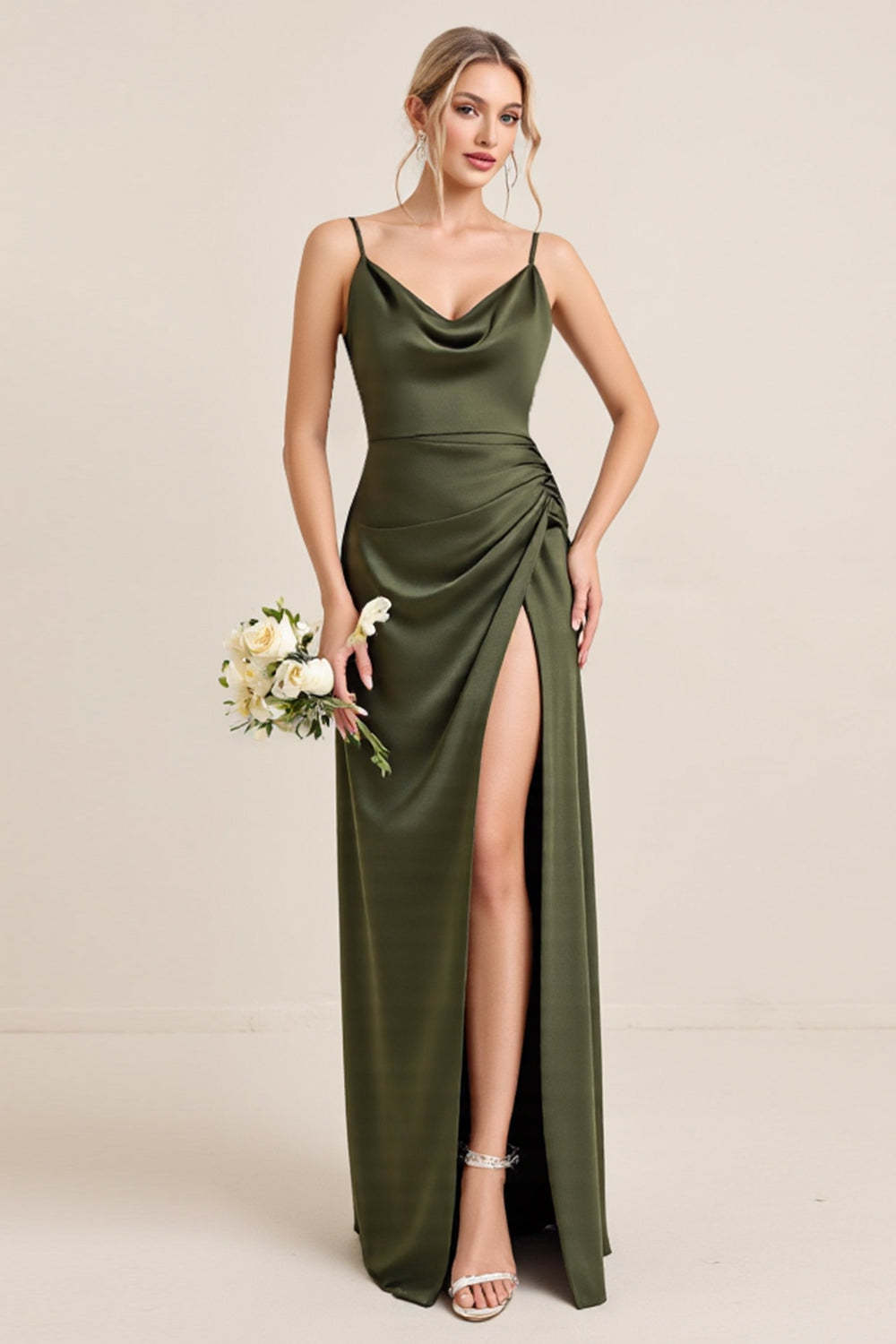 Leely Women Olive Satin Maxi Bridesmaid Dress with Slit Sheath Spaghetti Sleeveless Long Wedding Guest Dress